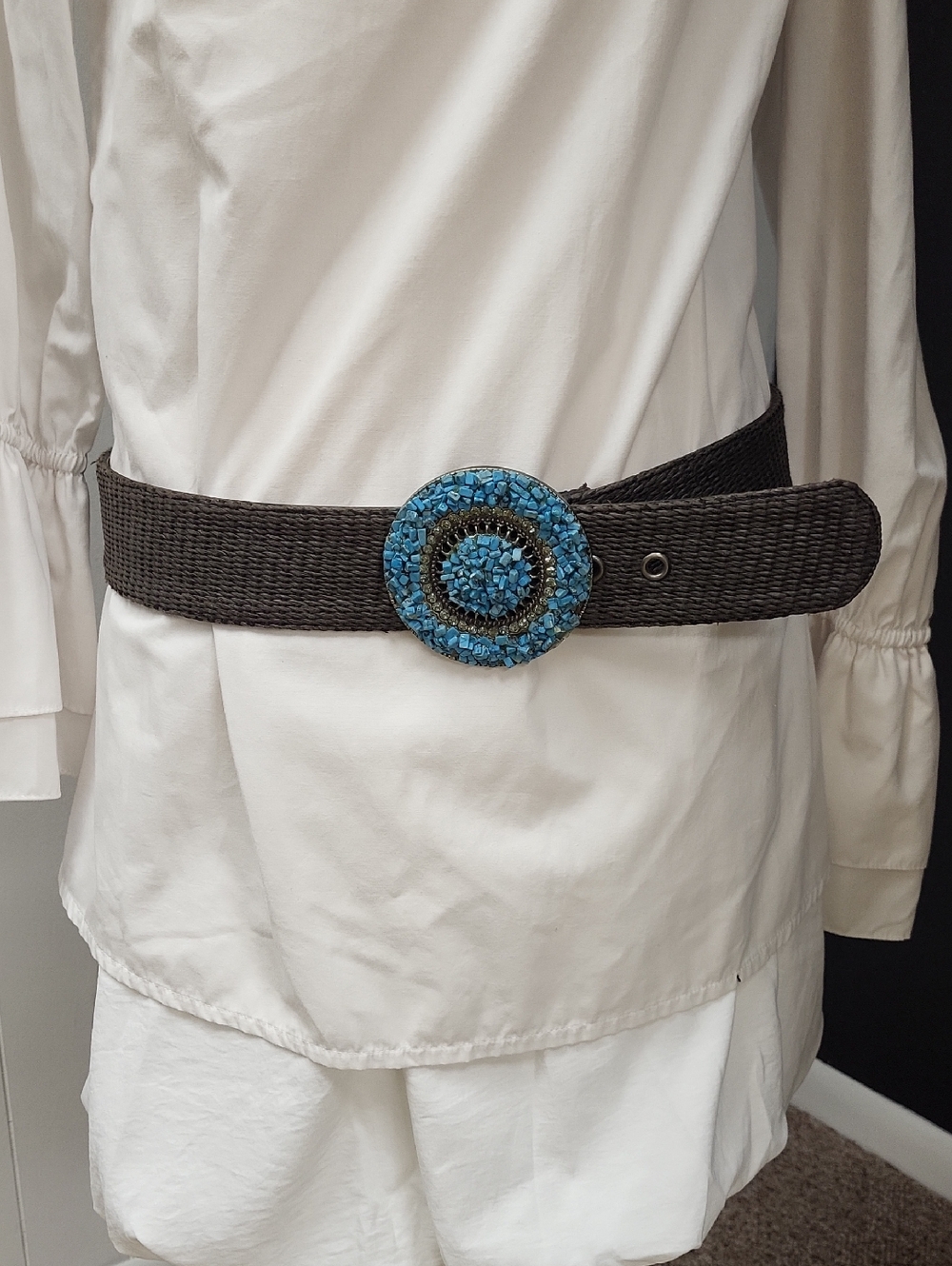 Blue Stone W/Rhinestones Buckle On Brown Belt. - Picture 5 of 11
